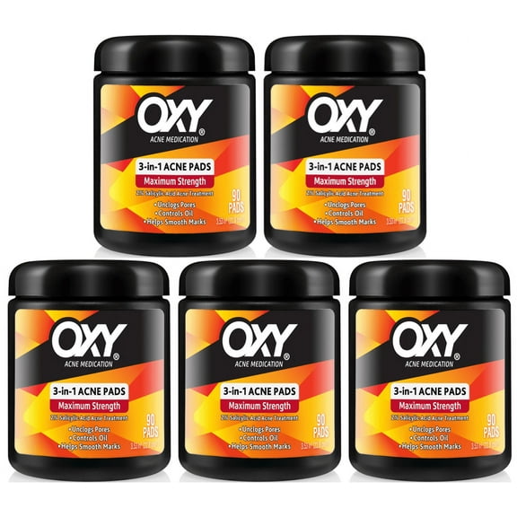 5 Pack Oxy Maximum Action 3-In-1 Acne Treatment Pads, 90 Count Each