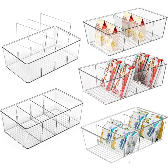 5 Pack Clear Plastic Pantry Organizers, 4 Compartment Storage Bins for Kitchen, Fridge, Drawer, Spice Packets, Tea Bags, Snack Containers