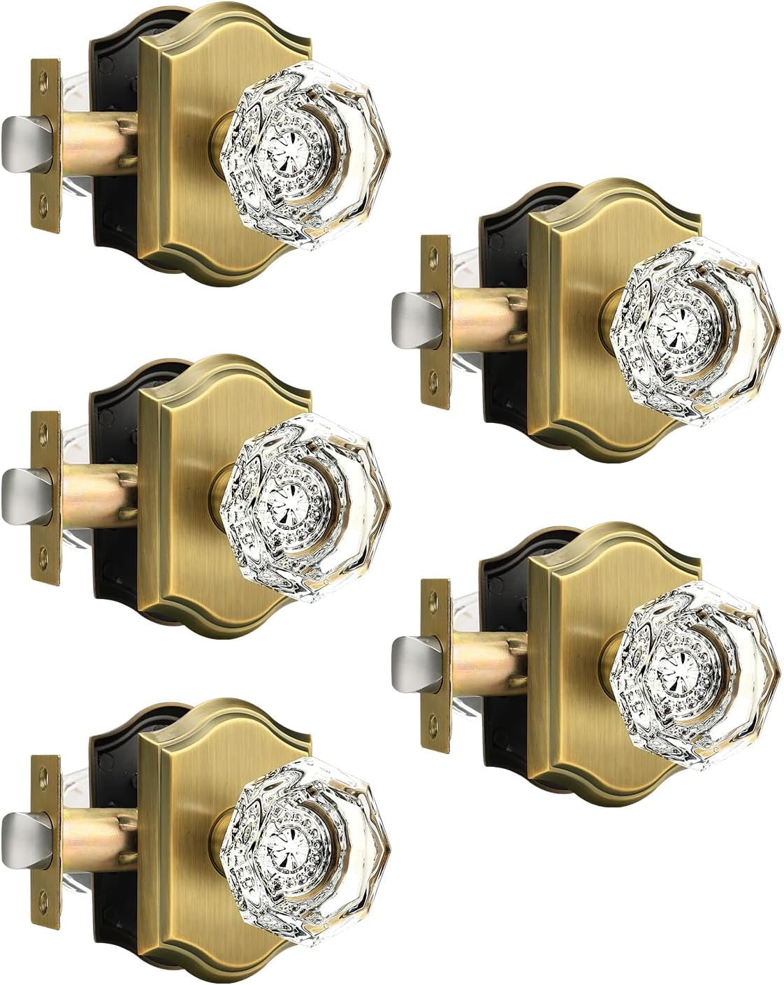 5 Pack Passage Crystal Door Knobs in Antique Brass for Hall Closet Laundry Room,Clear Octagon Shape,Keyless Outside for Interior Room