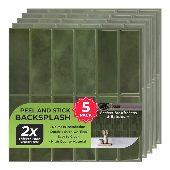 5 Pack Peel and Stick Backsplash Subway Tiles, Extra Thick 3D Wall Panels, Heat & Water Resistant, Easy DIY Kitchen, Bathroom, Laundry, Fireplace & Rental Home Wall Dcor (12 x 12 in), Green