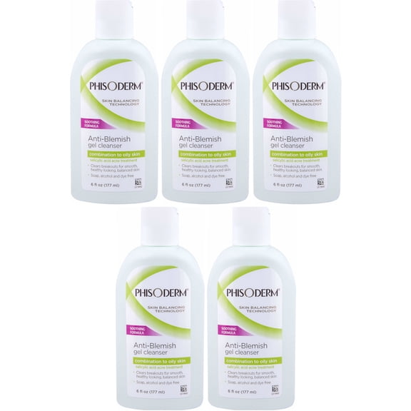 5 Pack Phisoderm Anti-Blemish Gel Cleanser Soothing Formula 6 oz Ea by Phisoderm