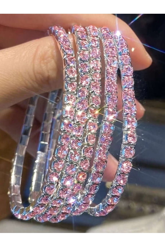 5-Pack Pink Crystal Pave Bangle Bracelets With Silvertone Setting