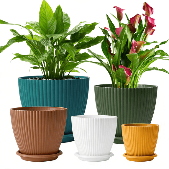 5-Pack Plastic Plant Pots with Drainage Holes and Saucer Trays, 7.5/6.7/6/5/4.1 Inch Flower Pots, Multicolor Planters for Indoor & Outdoor Plants