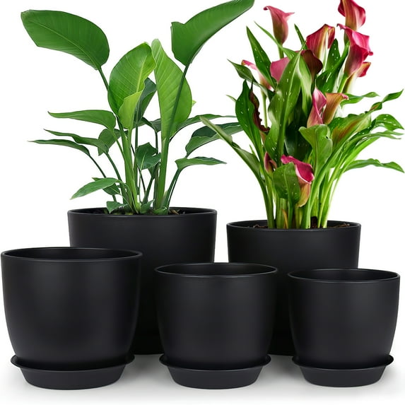 5 Pack Plant Pots, Flower Pots with Drainage Holes and Saucers, Plastic Planters for Indoor Outdoor Garden Plants, 7/6.5/5.5/5/4.5 Inch(Black)