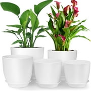 5 Pack Plant Pots, Flower Pots with Drainage Holes and Saucers, Plastic Planters for Indoor Outdoor Garden Plants, 7/6.5/5.5/5/4.5 Inch（White）