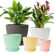 5-Pack Plastic Plant Pots with Drainage Holes and Saucer Trays, 7.5/6.7/6/5/4.1 Inch Flower Pots, Multicolor Planters for Indoor & Outdoor Plants