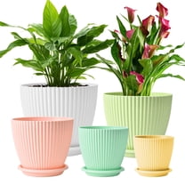 5-Pack Plastic Plant Pots with Drainage Holes and Saucer Trays, 7.5/6.7/6/5/4.1 Inch Flower Pots, Multicolor Planters for Indoor & Outdoor Plants