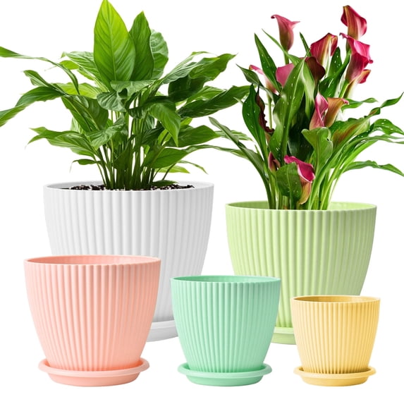 5-Pack Plastic Plant Pots with Drainage Holes and Saucer Trays, 7.5/6.7/6/5/4.1 Inch Flower Pots, Multicolor Planters for Indoor & Outdoor Plants