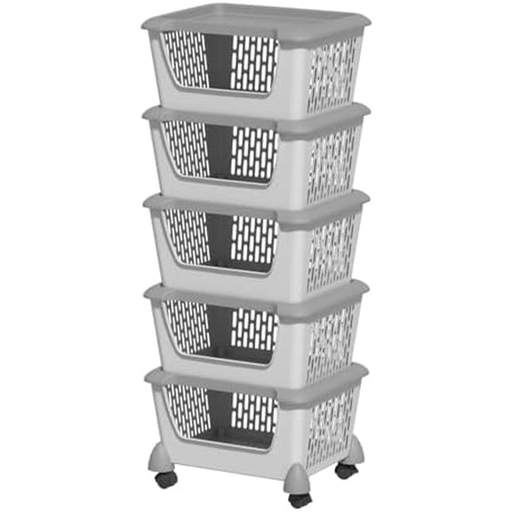 5 Pack Plastic Stackable Storage Bins for Pantry, Open Stacking Storage Basket with Wheels, Gray$$Home Decor, Kitchen, & Other