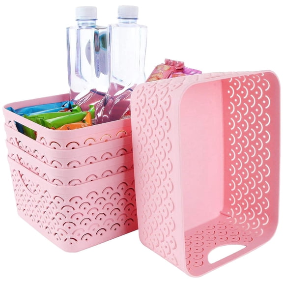 5 Pack Plastic Storage Baskets, Portable Pink Fish Scale Pattern Hollow Desktop Storage Bin Box with Handle for Kitchen, Bathroom, Kids Room or Nursery Storage 9.4 x 7.1 x 4.1 inches