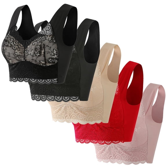 5 Pack Plus Size Bras Womens Trendy Everyday Comfortable Breathable Wireless Lace Bra for Seniors Multipack (2XL, N-5PCS)