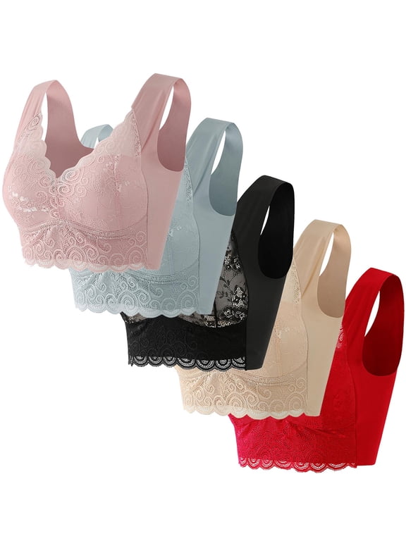 5 Pack Plus Size Bras Womens Trendy Everyday Comfortable Breathable Wireless Lace Bra for Seniors Multipack (L, D-5PCS)
