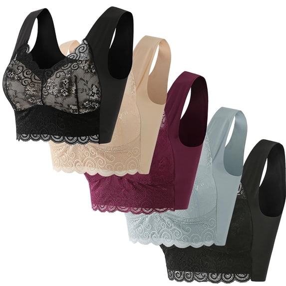 5 Pack Plus Size Bras Womens Trendy Everyday Comfortable Breathable Wireless Lace Bra for Seniors Multipack (L, G-5PCS)