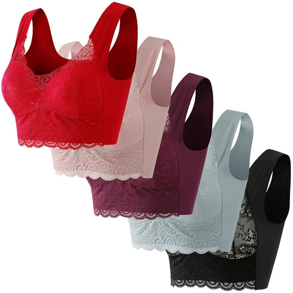 5 Pack Plus Size Bras Womens Trendy Everyday Comfortable Breathable Wireless Lace Bra for Seniors Multipack (XL, L-5PCS)