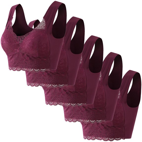 5 Pack Plus Size Bras Womens Trendy Everyday Comfortable Breathable Wireless Lace Bra for Seniors Multipack (XL, Wine-5PCS)