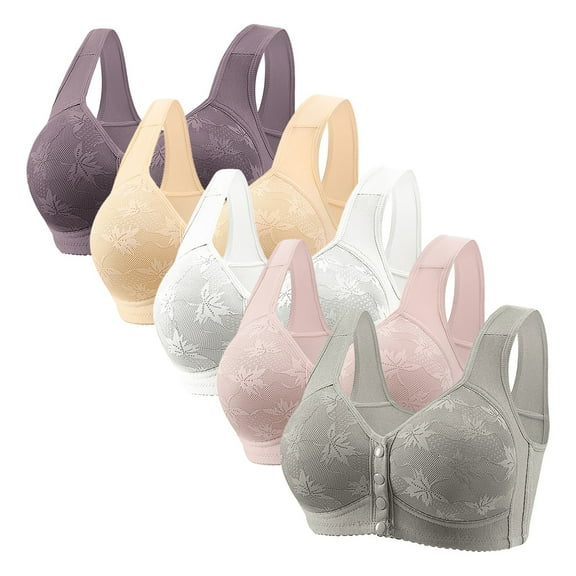 5 Pack Plus Size Front Closure Bras for Old Women V Neck Wireless Bras Front Button Push Up Bra Seamless Bralettes with Wide Strap