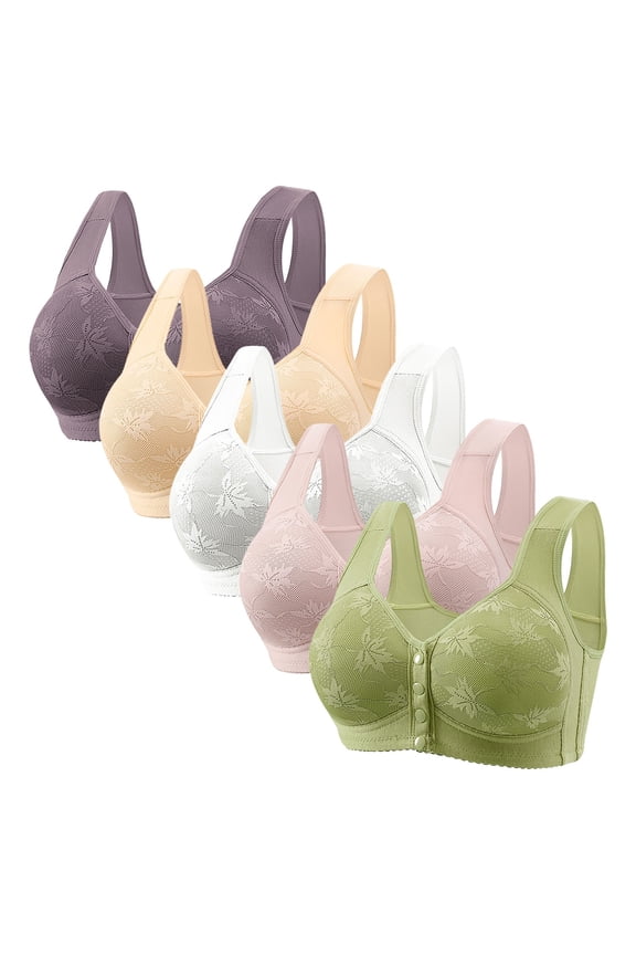 5 Pack Plus Size Front Closure Bras for Old Women V Neck Wireless Bras Front Button Push Up Bra Seamless Bralettes with Wide Strap