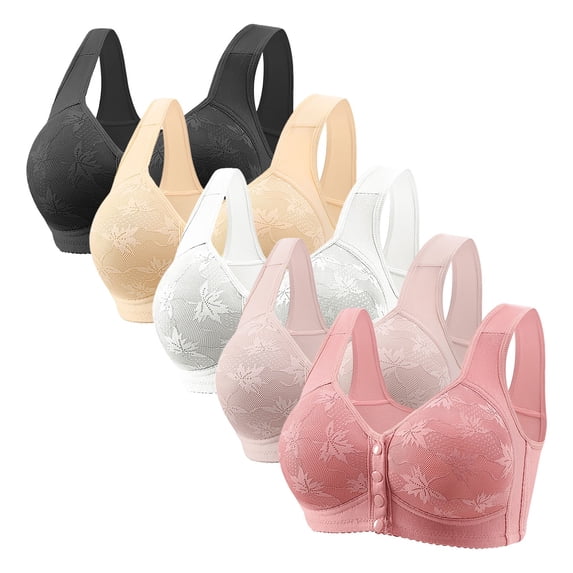 5 Pack Plus Size Front Closure Bras for Old Women V Neck Wireless Bras Front Button Push Up Bra Seamless Bralettes with Wide Strap