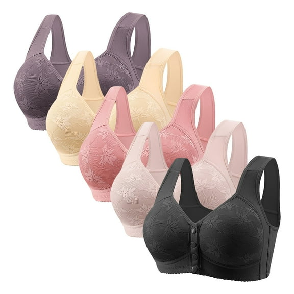 5 Pack Plus Size Front Closure Bras for Old Women V Neck Wireless Bras Front Button Push Up Bra Seamless Bralettes with Wide Strap