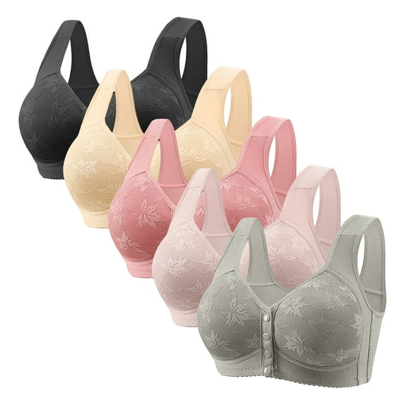 5 Pack Plus Size Front Closure Bras for Old Women V Neck Wireless Bras Front Button Push Up Bra Seamless Bralettes with Wide Strap