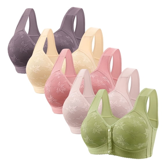 5 Pack Plus Size Front Closure Bras for Old Women V Neck Wireless Bras Front Button Push Up Bra Seamless Bralettes with Wide Strap