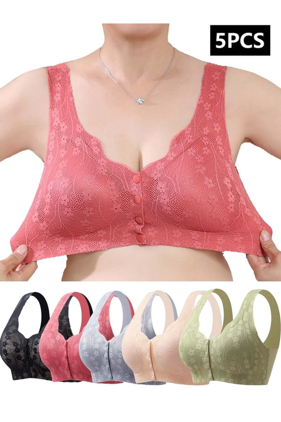 5 Pack Plus Size Women's Comfort Bra Daily Bra, Front Closure Lace Wireless Bra Full Coverage Breathable Support Bras For Women, 0XL-4XL