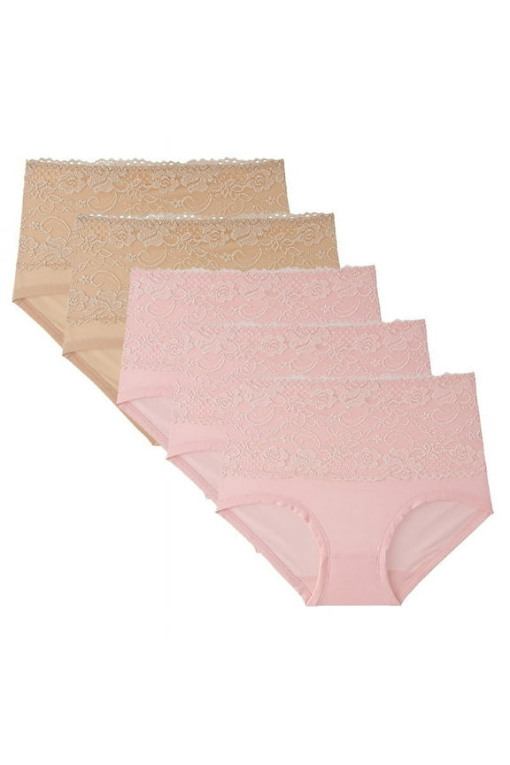 5 Pack Plus Size Womens High Waist Underwear Lace Tummy Control Stretch Panties Butt-Lifting Ladies Briefs Shapewear 2XL