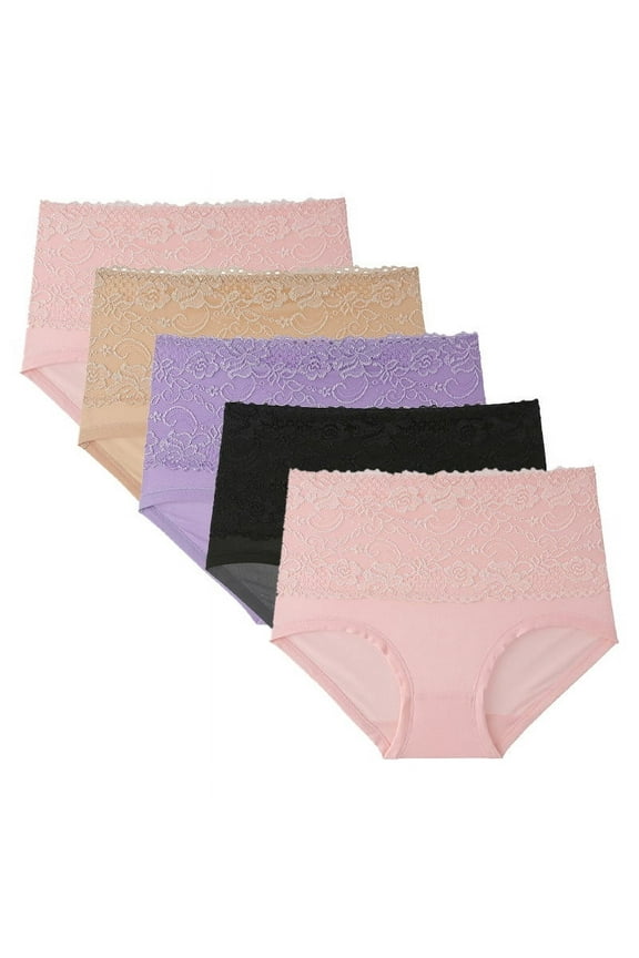 5 Pack Plus Size Womens High Waist Underwear Lace Tummy Control Stretch Panties Butt-Lifting Ladies Briefs Shapewear 4XL