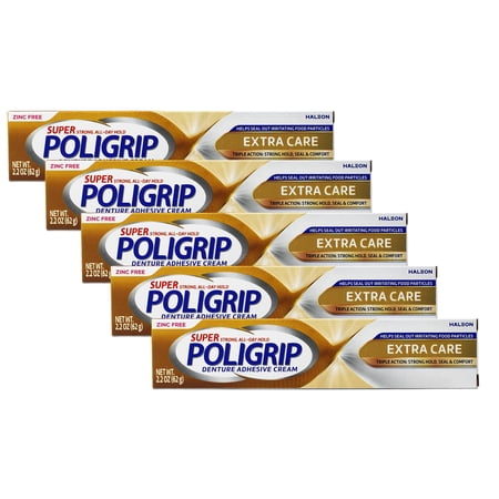 5 Pack - Super Poligrip Extra Care Denture and Partials Adhesive Cream, 2.2 oz