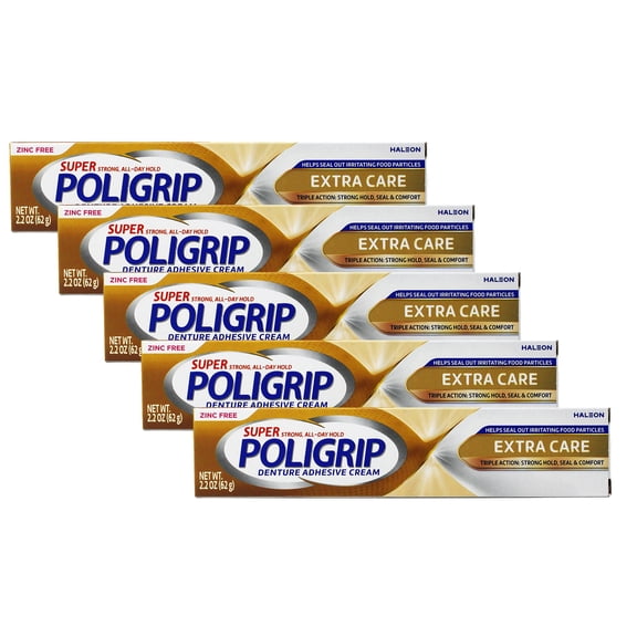 5 Pack - Super Poligrip Extra Care Denture and Partials Adhesive Cream, 2.2 oz