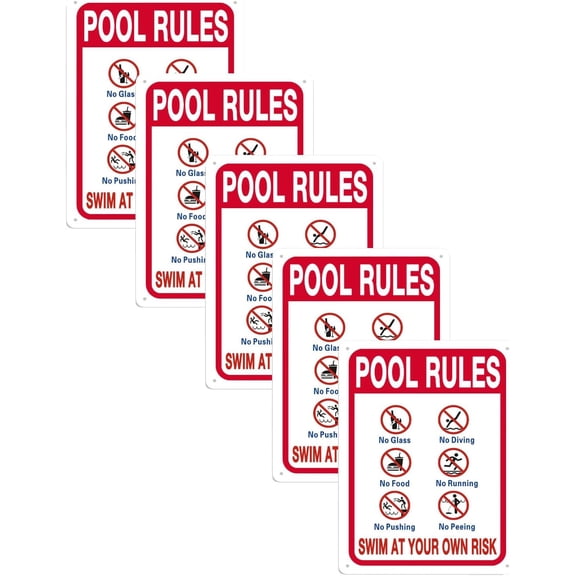 5 Pack Pool Rules No Diving No Running No Food No Glass Swim At Your Own Risk Sign,Swimming Pools Decor 8"x12" Aluminum Sign