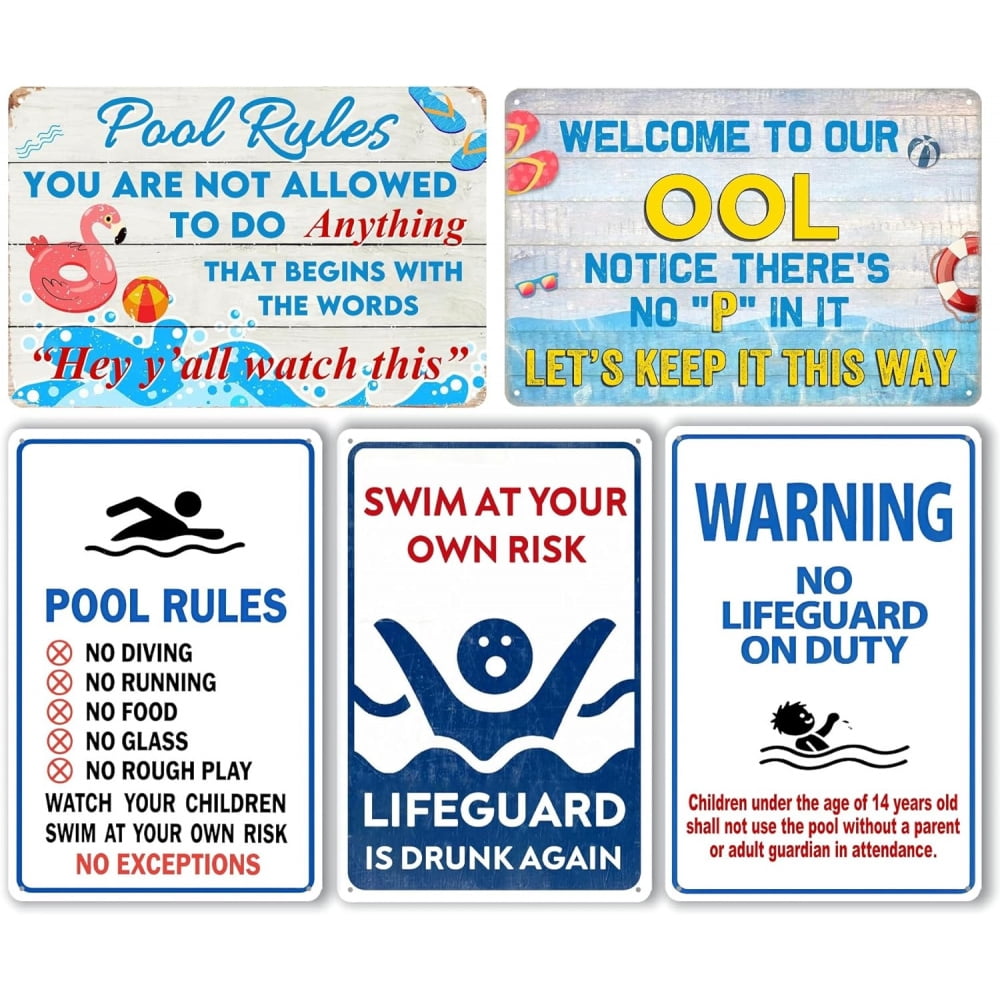 5-Pack Pool Signs Metal Tin Signs, Funny Pool Rules Wall Decor, Outdoor ...
