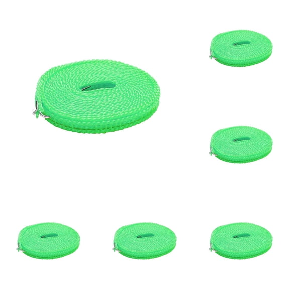 5 Pack Portable Clothesline 16.4ft Travel Drying Line Close Line Outdoor Windproof Nylon Laundry Rope with Hooks Non Slip Camping Clothesline Green