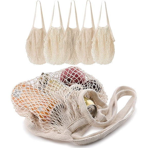 5 Pack Portable Reusable Grocery Bags Fruit and Vegetable Bag Washable Cotton Mesh String Organic Organizer Shopping Handbag Long Handle Net Tote (Beige)