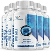5 Pack Powerful Mind - Brain Boost Supplement - Dietary Supplement for Focus, Memory, Clarity, Cognitive - Advanced Nootropic Support Formula for Maximum Strength - 300 Capsules