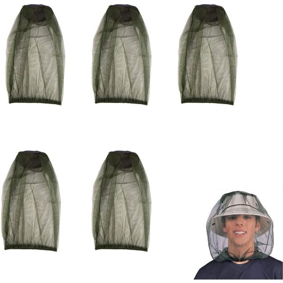 5 Pack Premium Mosquito Head Net Mesh Hat Face Netting Lightweight Durable Protective Cover Fly Insects Bugs Preventing for Camping Hiking Fishing Outdoor Activity