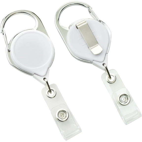 5 Pack - Premium No Twist Badge Reels with Carabiner Clip & Belt Clip and Extra Long Reach - Cute Solid Color Retractable Badge Holder for Nurse, Office Employee by Specialist ID (White)