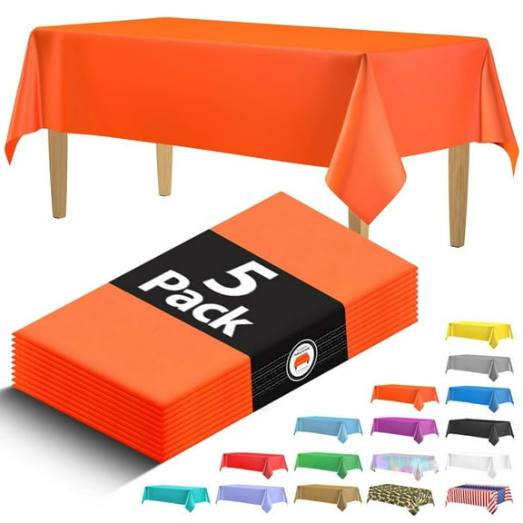 5 Pack Premium Orange Plastic Tablecloth - 108 x 54 in. Disposable Rectangle Plastic Table Cloth - Decorative Rectangle Table Cover Smooth Tablecloth - Disposable Table Cloths For Parties, Weddings.