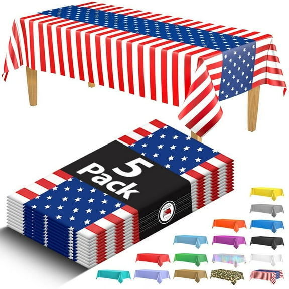5 Pack Premium Patriotic Tablecloth USA Flag Plastic Tablecloth - 108 x 54 in. July 4th Disposable Rectangle Plastic Table Cloth Decorative Rectangle Table Cover - Disposable Table Cloths For Parties