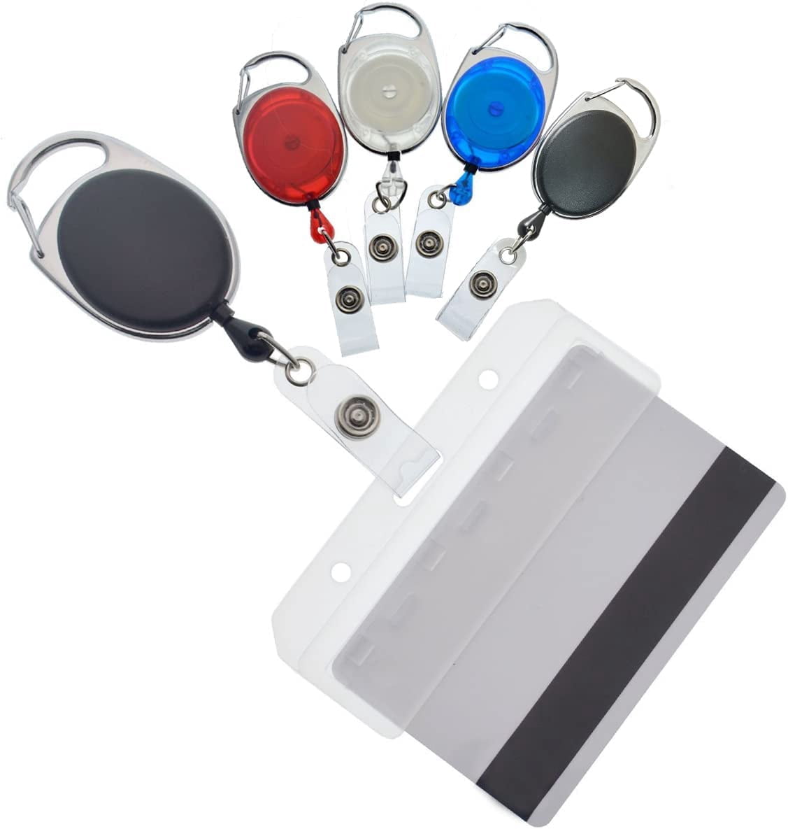 5 Pack - Premium Retractable Carabiner Badge Reels with Horizontal Half Card Badge Holders (Clear Plastic) - Leaves Magnetic Mag Stripe Exposed for POS & Swipe Cards by Specialist ID (Assorted Colors)