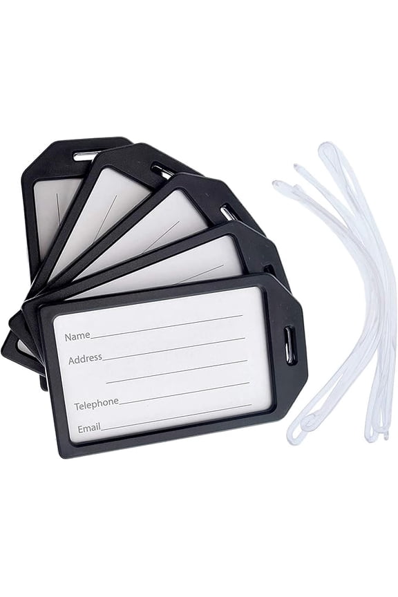 5 Pack - Premium Rigid Airline Luggage Tag Holders with 6" Worm Loops - Heavy Duty Hard Plastic -Suitcase ID Tag Identifiers with Business Card Insert Window by Specialist ID (Black)