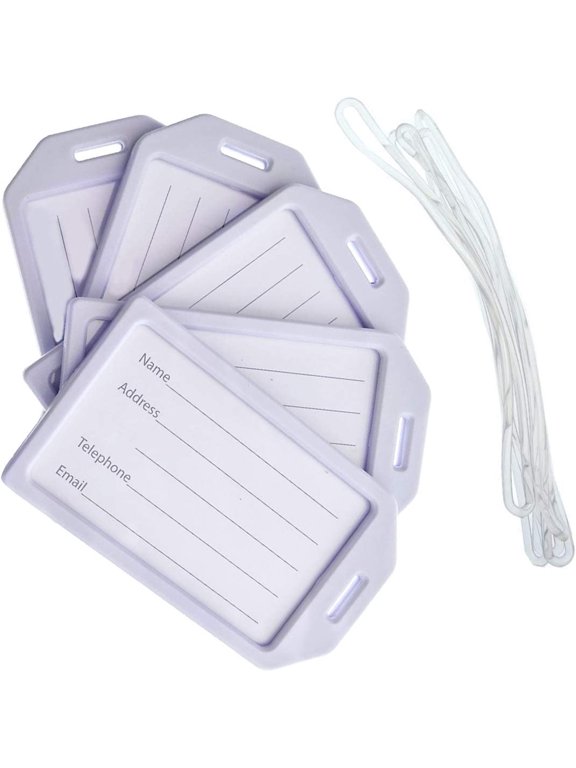 5 Pack - Premium Rigid Airline Luggage Tag Holders with 6" Worm Loops - Heavy Duty Hard Plastic -Suitcase ID Tag Identifiers with Business Card Insert Window by Specialist ID (White)