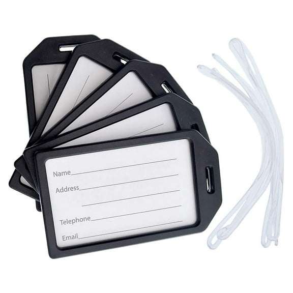 5 Pack - Premium Rigid Airline Luggage Tag Holders with 6" Worm Loops - Heavy Duty Hard Plastic -Suitcase ID Tag Identifiers with Business Card Insert Window by Specialist ID (Black)