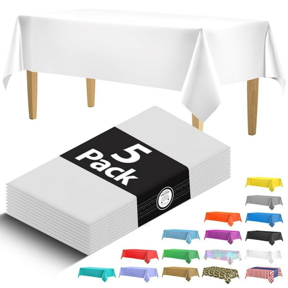 5 Pack Premium White Plastic Tablecloth - 108 x 54 in. Disposable Rectangle Plastic Cloths - Decorative Rectangle Table Cover Smooth Tablecloth - Disposable Table Cloths For Parties, Weddings Fun!