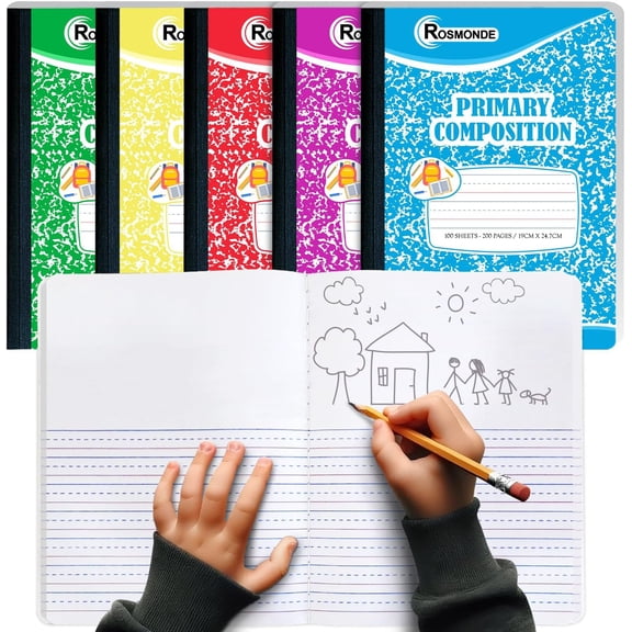 5 Pack Primary Composition Notebook, 200 Pages (100 Sheets), Drawing Story Journal Writing Notebook, 9-3/4 x 7-1/2, Primary Composition Notebooks, Grades K-2, With Header For Drawing