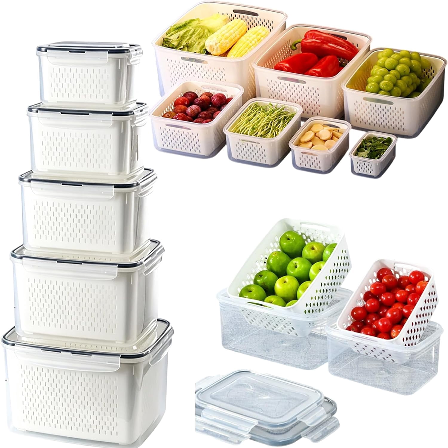 5 Pack Produce Storage Containers for Fridge, Stackable Fruit Storage Containers for Fridge, Fridge Organizers and Storage with Lids for Berry Vegetable Salad Lettuce Meat Food