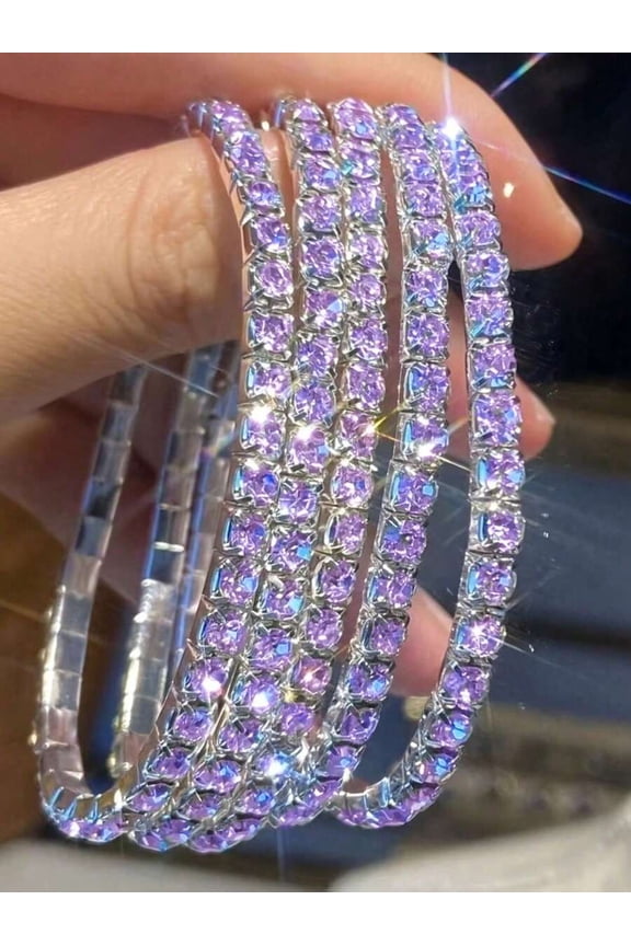 5-Pack Purple Crystal Pave Bangle Bracelets With Silvertone Setting