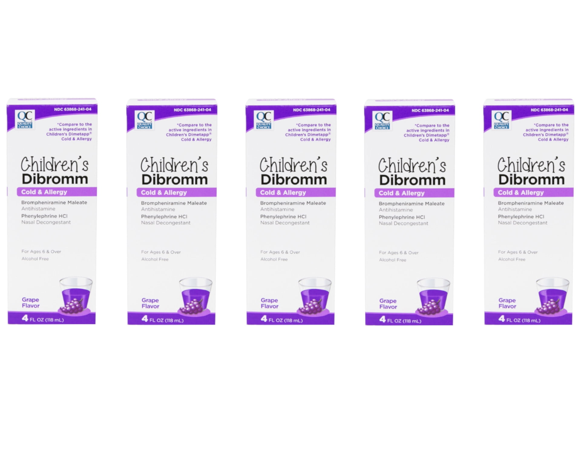 5 Pack - Quality Choice Children's Dibromm Cold & Allergy Liquid Grape 4 fl oz Each