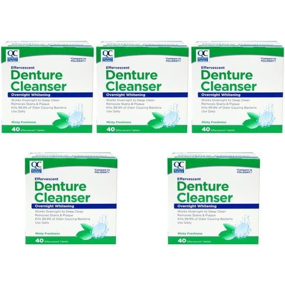 5 Pack - Quality Choice Denture Cleanser Overnight Whitening 40 Tablets Each