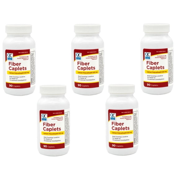 5 Pack - Quality Choice Fiber Therapy Caplets, Safe and Comfortable Constipation Relief Without The Gas and Bloating, Insolubale Fiber for Bowel Irregularity in a 90 Count Bottle of Caplets